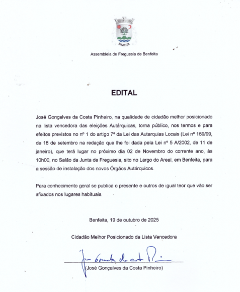 Edital - Instalação dos Novos Órgãos Autárquicos