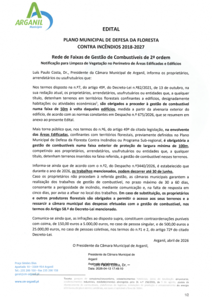 Edital &ndash; Rede de Faixas de Gest&atilde;o de Combust&iacute;veis de 2&ordf; ordem - Notifica&ccedil;&atilde;o para Limpeza de Vegeta&ccedil;&atilde;o no Per&iacute;metro de &Aacute;reas Edificadas e Edif&iacute;cios