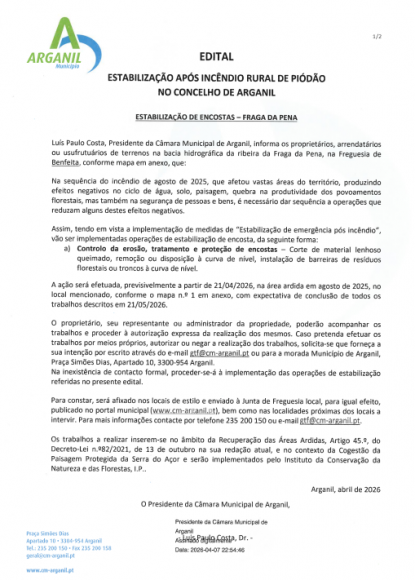 Edital &ndash; Estabiliza&ccedil;&atilde;o de Encostas - Fraga da Pena