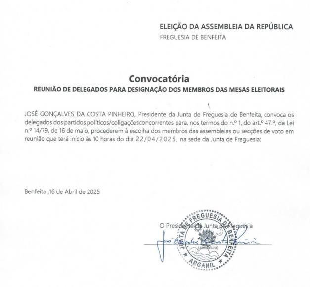 Convocatória - Reunião de Delegados para Designação dos Membros das Mesas Eleitorais